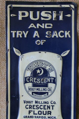 VTG Voigt ' s Crescent Flour Door Push Sign Country Store Advertising Tin Antique 2