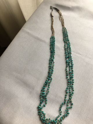 Vintage Navajo Multi Strand Sterling Silver Turquoise Heishi Bead Necklace