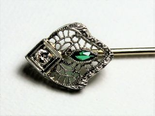 Antique Art Deco Filigree 14k White Gold Emerald & Diamond Stick Pin 1.  6 Grams