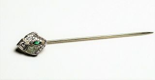 Antique Art Deco Filigree 14K White Gold Emerald & Diamond Stick Pin 1.  6 Grams 3