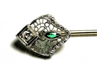 Antique Art Deco Filigree 14K White Gold Emerald & Diamond Stick Pin 1.  6 Grams 4