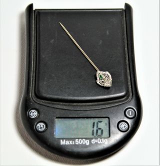 Antique Art Deco Filigree 14K White Gold Emerald & Diamond Stick Pin 1.  6 Grams 6