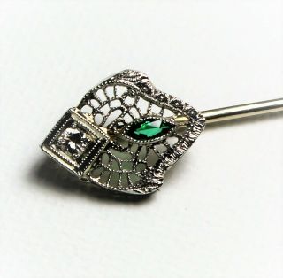 Antique Art Deco Filigree 14K White Gold Emerald & Diamond Stick Pin 1.  6 Grams 8