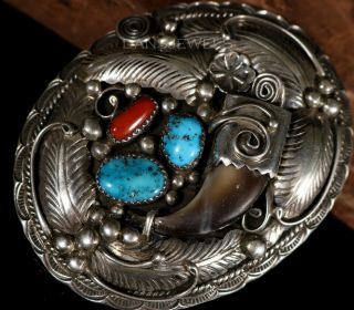Vintage Navajo TURQUOISE & CORAL faux BEAR CLAW Silver Belt Buckle 2