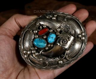 Vintage Navajo TURQUOISE & CORAL faux BEAR CLAW Silver Belt Buckle 4