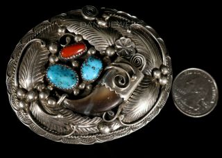 Vintage Navajo TURQUOISE & CORAL faux BEAR CLAW Silver Belt Buckle 5