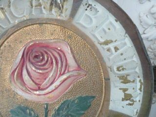 OMG Rare Old ANTIQUE Metal Embossed Tin SIGN PINK ROSE AMERICAN BEAUTY HARDWARE 4