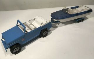 Vintage Tonka Jeepster Runabout W/ Plastic Boat & Trailer 1960’s 13” Jeep