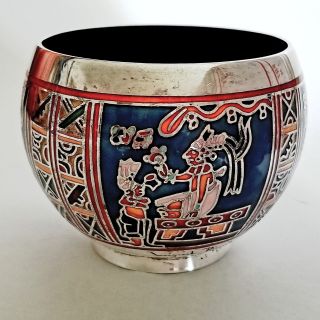 Rare Silver And Enamel Bowl By Miguel Pineda Image Of Aztec God Xochiquetzal