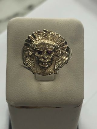 Detailed Rare 14kt 585 Yellow Gold Chief Indian Head Ring W/ Ruby Eyes