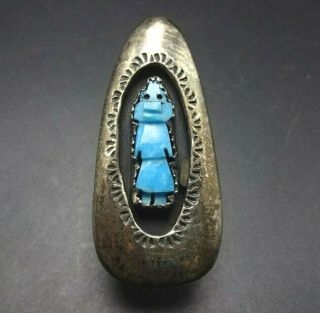 Vintage Navajo Stamped Sterling Silver Turquoise Kachina Shadowbox Ring Size 8