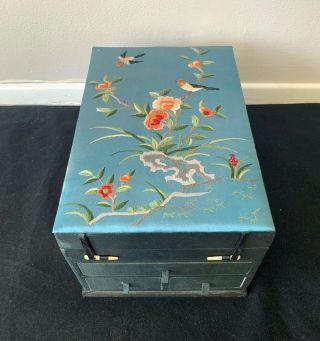 Vintage Chinese Jewelry Box Silk Fabric On Wood