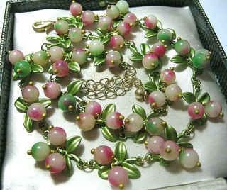 Gorgeous Vintage Style Art Deco Real Agate Stone Bead Berries Enamel Necklace