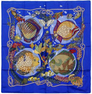 Authentic Hermes Silk Scarf Grands Fonds Blue Exc W Care Tag Rare