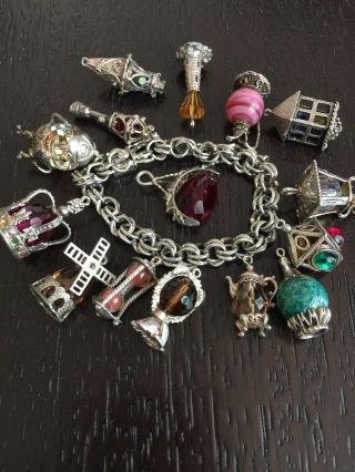 Vintage Sterling Silver English Charm Bracelet With Vintage Jeweled Charms Heavy