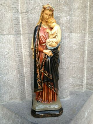 Vintage Plaster Sedes Sapientiae Virgin Mary Child Jesus Altar Standing Statue