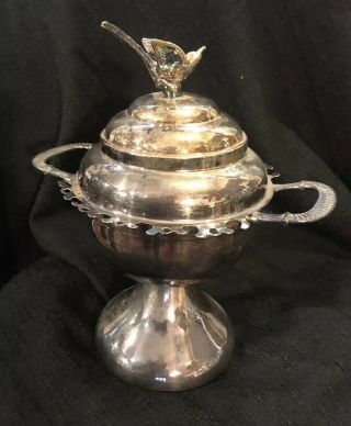 Antique Rogers 1901 Silver Plate Sugar Bowl Spoon Holder Bird Lid Ny Estate