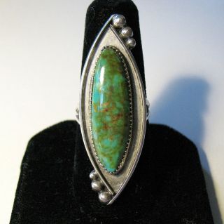 Vtg.  Navajo Sterling Silver & Blue Green Turquoise Elongated Ring - - 1 7/8 " Long
