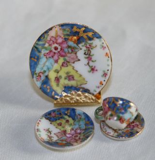 Dollhouse Miniature Artisan Ina Tobacco Leaf China Plate Set Eggshell Porcelain