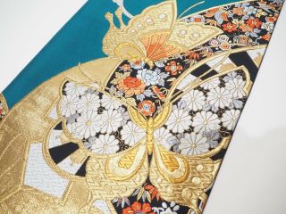 Vintage Japanese Kimono Silk Fukuro Obi,  Butterfly,  Green V597