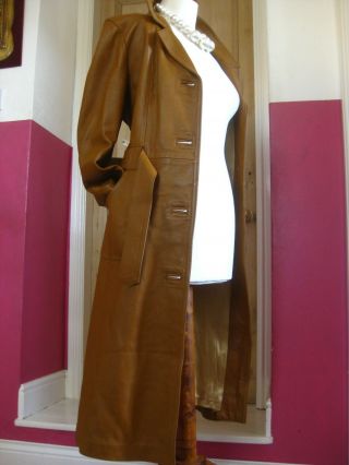 Ladies Vintage Longline Tan Leather Trench Coat Uk 10 Belt Steampunk Boho Duster