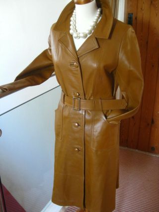 Ladies VINTAGE longline tan leather TRENCH COAT UK 10 belt steampunk boho duster 3