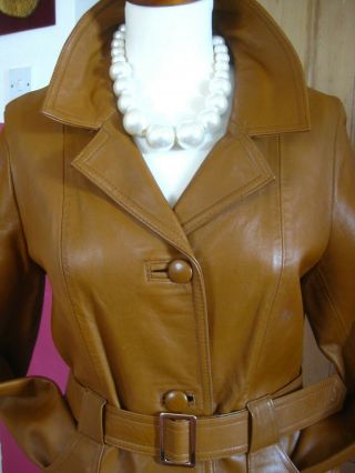 Ladies VINTAGE longline tan leather TRENCH COAT UK 10 belt steampunk boho duster 4