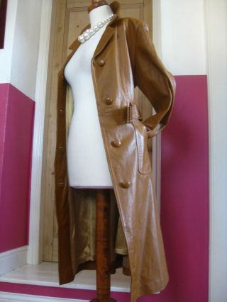 Ladies VINTAGE longline tan leather TRENCH COAT UK 10 belt steampunk boho duster 5