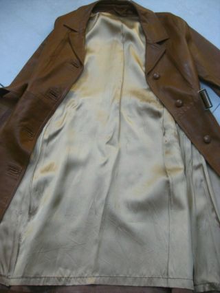 Ladies VINTAGE longline tan leather TRENCH COAT UK 10 belt steampunk boho duster 8