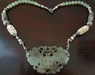 Vintage Chinese Carved Jade Butterfly Necklace Bone,  Coin Silver Nj Estate Find