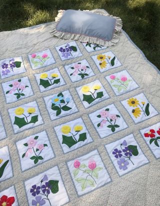 Vintage Quilt,  Floral,  Applique,  Hand Embroidery,  Full/queen Size,  Pillow Shams