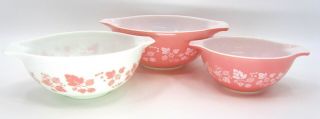 Vintage Pyrex Pink & White Gooseberry Cinderella Nesting Bowl Set - 442 443 444