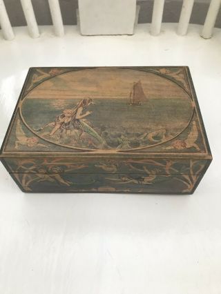 Antique Vintage 1930s Wooden Box Hand Painted Mermaids Sea Scene