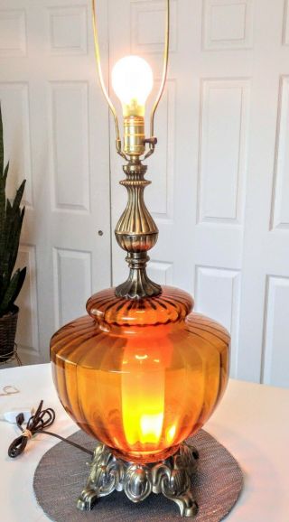 Vintage Mid Century Amber Glass 3 Way Table Lamp Light Mcm Retro Modern