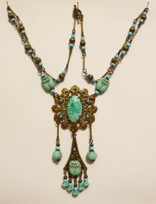 Vintage Art Deco Style Czech Neiger Glass Scarab Egyptian Revival Drop Necklace