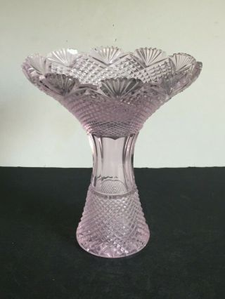 Vintage Pink Diamond Point And Fan Cut Glass Vase Bell Tone Ring 8 " Tall