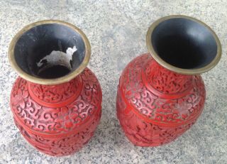 Red Cinnabar Set 2 Vase Bronze Lacquer Hand Engraved Chinese Vintage Left Right 10