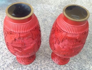 Red Cinnabar Set 2 Vase Bronze Lacquer Hand Engraved Chinese Vintage Left Right 11