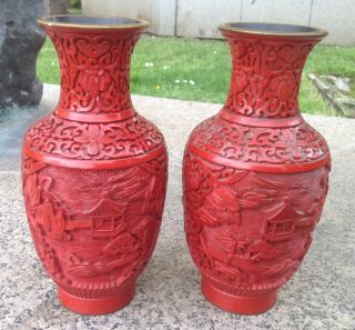Red Cinnabar Set 2 Vase Bronze Lacquer Hand Engraved Chinese Vintage Left Right