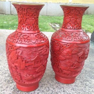 Red Cinnabar Set 2 Vase Bronze Lacquer Hand Engraved Chinese Vintage Left Right 2