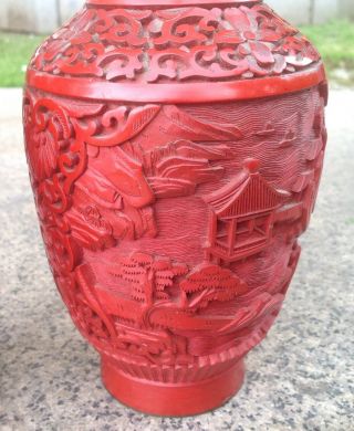 Red Cinnabar Set 2 Vase Bronze Lacquer Hand Engraved Chinese Vintage Left Right 3