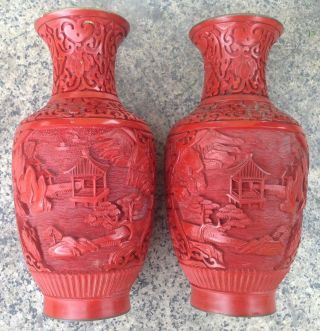 Red Cinnabar Set 2 Vase Bronze Lacquer Hand Engraved Chinese Vintage Left Right 4