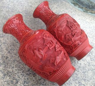 Red Cinnabar Set 2 Vase Bronze Lacquer Hand Engraved Chinese Vintage Left Right 5