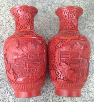 Red Cinnabar Set 2 Vase Bronze Lacquer Hand Engraved Chinese Vintage Left Right 6