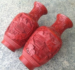 Red Cinnabar Set 2 Vase Bronze Lacquer Hand Engraved Chinese Vintage Left Right 7