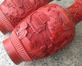Red Cinnabar Set 2 Vase Bronze Lacquer Hand Engraved Chinese Vintage Left Right 9