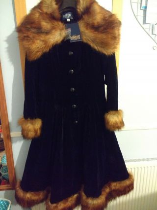 Collectif Navy Velvet Pearl Coat Size 12 Medium Faux Fur Trim Vintage Style