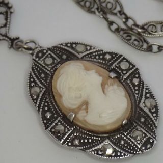 Antique Art Deco Sterling Silver Filigree Marcasite Carved Shell Cameo Necklace
