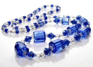 Vtg Art Deco Periwinkle Blue & Crystal Czech Glass Necklace Flapper