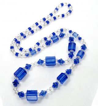 VTG ART DECO PERIWINKLE BLUE & CRYSTAL CZECH GLASS NECKLACE FLAPPER 4